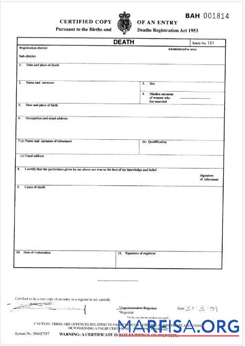 Blank England General Register of London death certificate template
